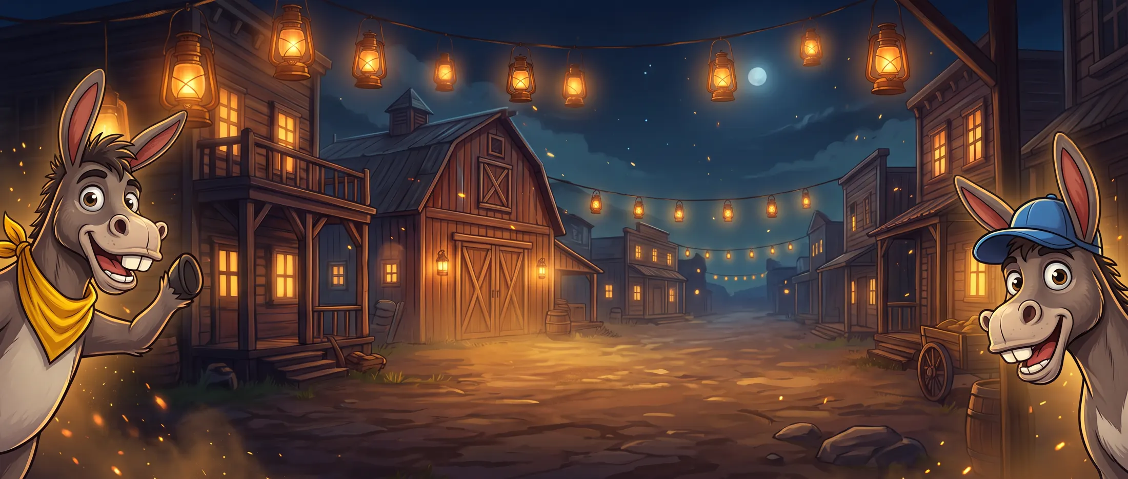 A lantern-lit night town street with two cheering donkeys at the edges