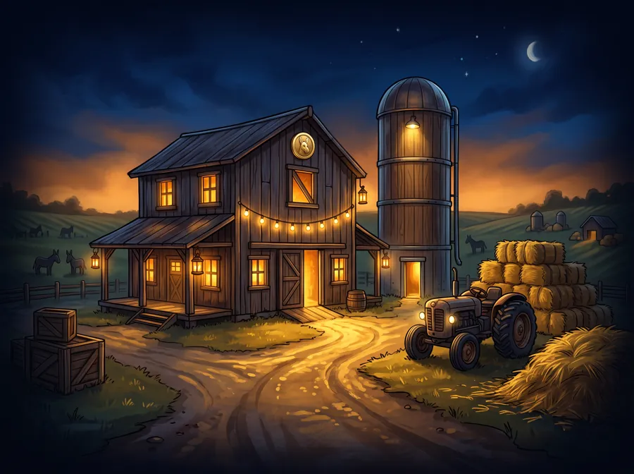 A glowing night-time donkey farm with a barn, silo, tractor and hay bales