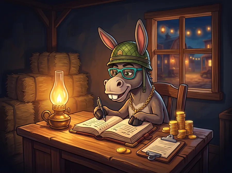 A donkey manager in an army helmet reading a ledger by lamplight
