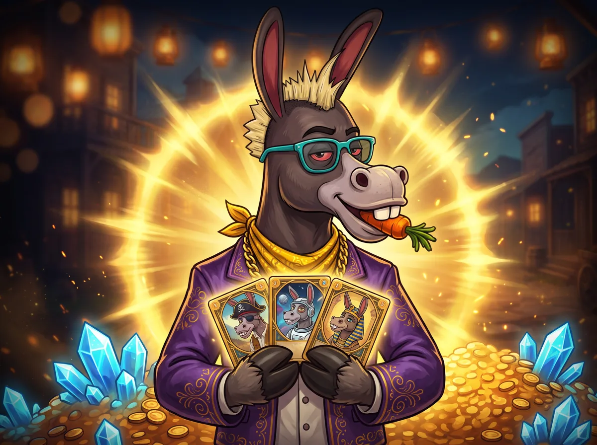 A donkey in a yellow bandana holding a fan of golden NFT manager cards
