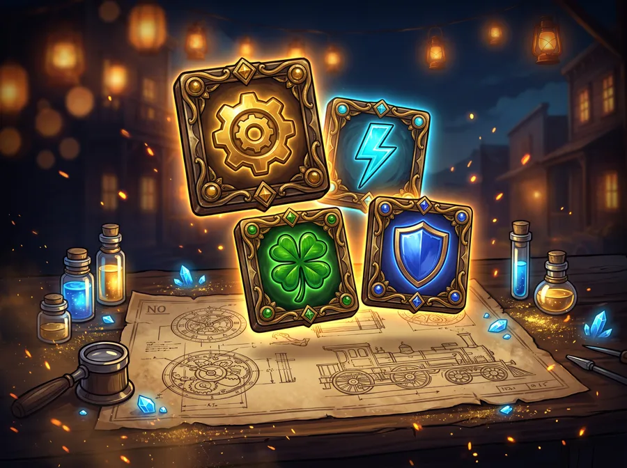 Four glowing golden upgrade tiles above a blueprint: gear, lightning, clover and shield