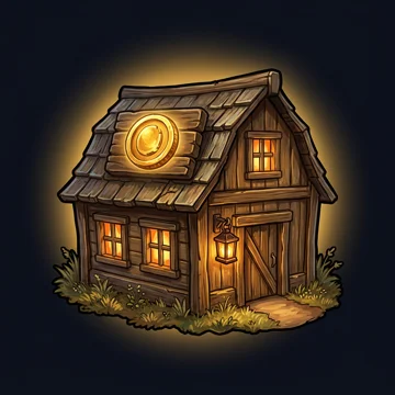 A wooden barn with a gold coin sign