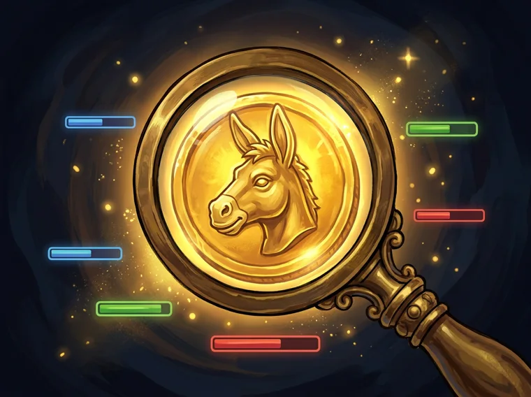 A magnifying glass over a golden donkey coin