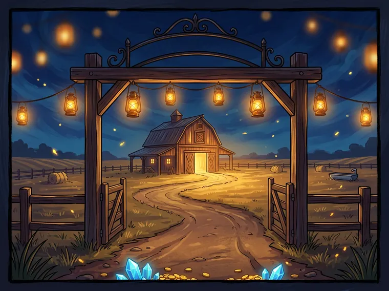 A lantern-lit gate leading to a glowing barn