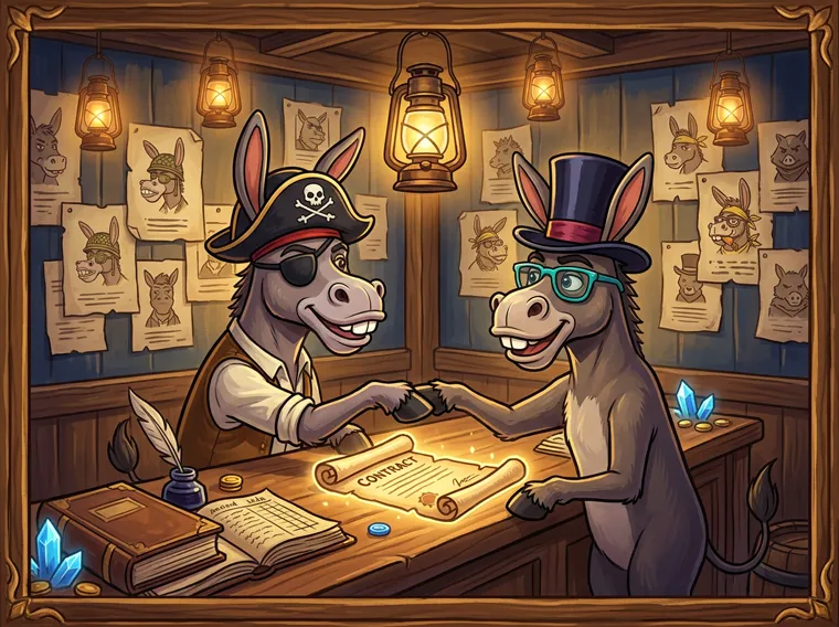 Two donkeys shaking hooves over a contract in a recruitment office