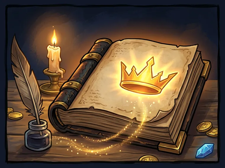 An ancient open book with a glowing golden crown